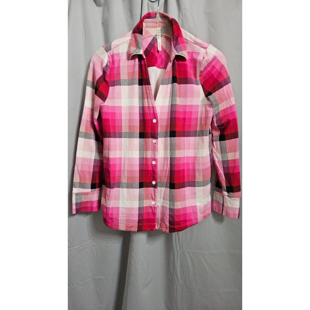 Soma Button-Down Pink Plaid Long-Sleeve Shirt With Chevron Detail For Women
